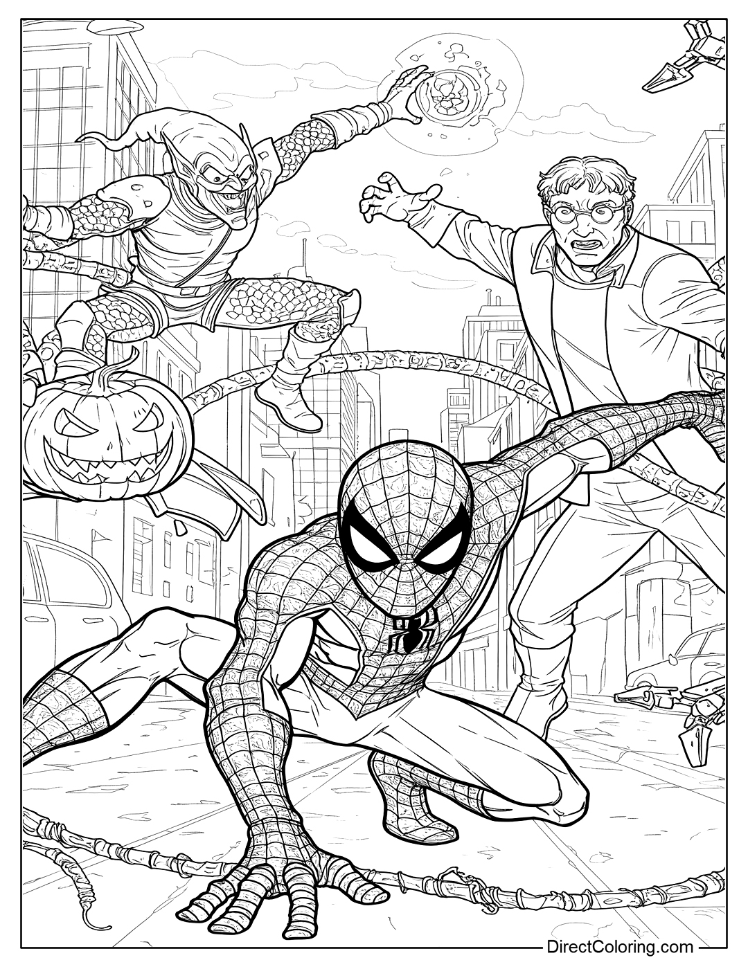 Coloring Page of Spiderman Fighting Villains